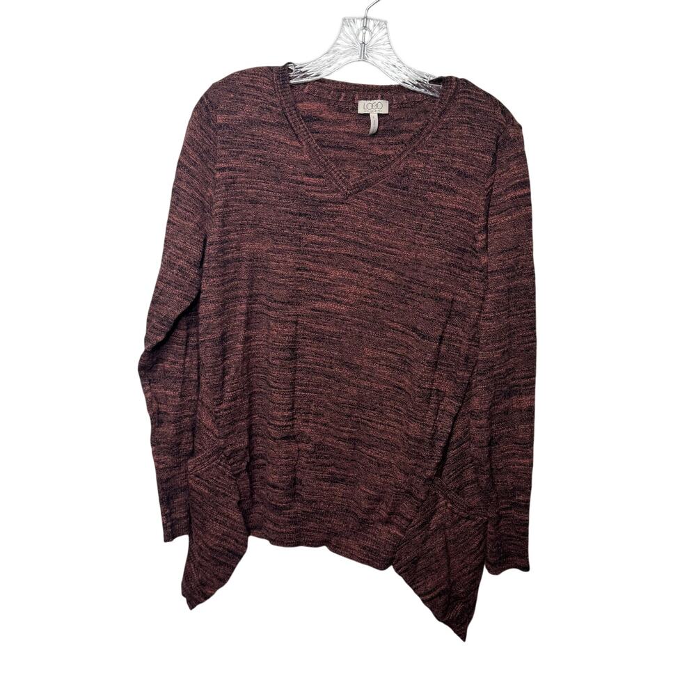 LOGO Lori Goldstein Large Orange Marled Knit V-Neck‎ Top w/ Handkerchief Hem
